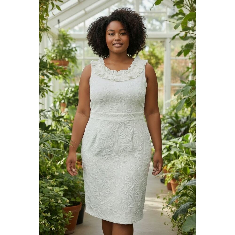 Perceptions White Floral Textured Ruffle Midi Dress 24W Plus Size Bridal Shower